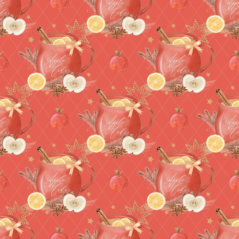 Apple Cider & Apples on Argyle Background Fabric - Red