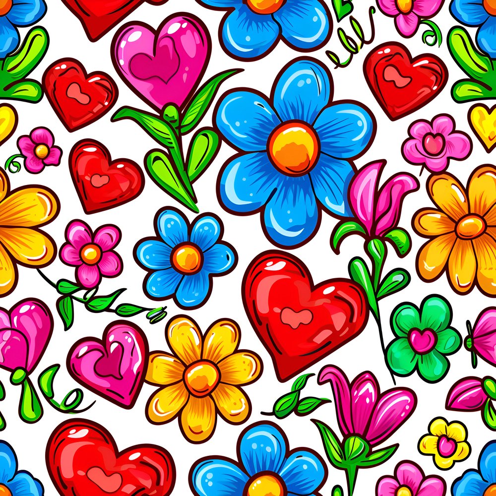 Sweet Floral Doodle Hearts Pattern #3 Fabric
