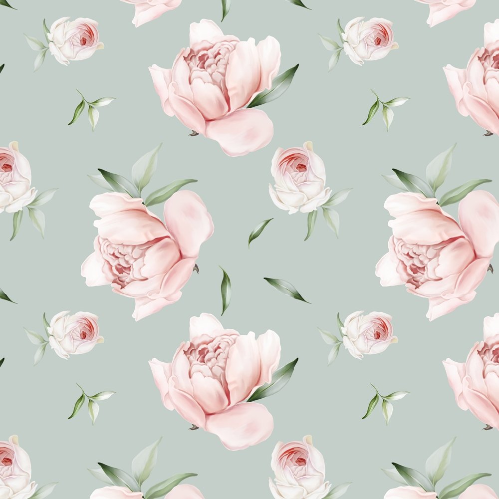 Tossed Peonies Fabric - Green