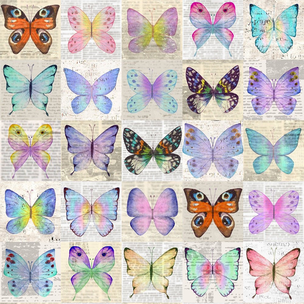 Watercolor Butterflies on Vintage Newspaper Fabric