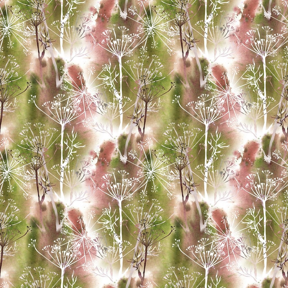 Watercolor Grunge Dill Flowers Fabric - Green/Pink
