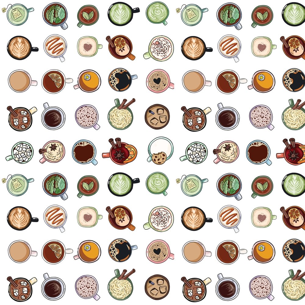 Allover Cartoon Tea Fabric - White