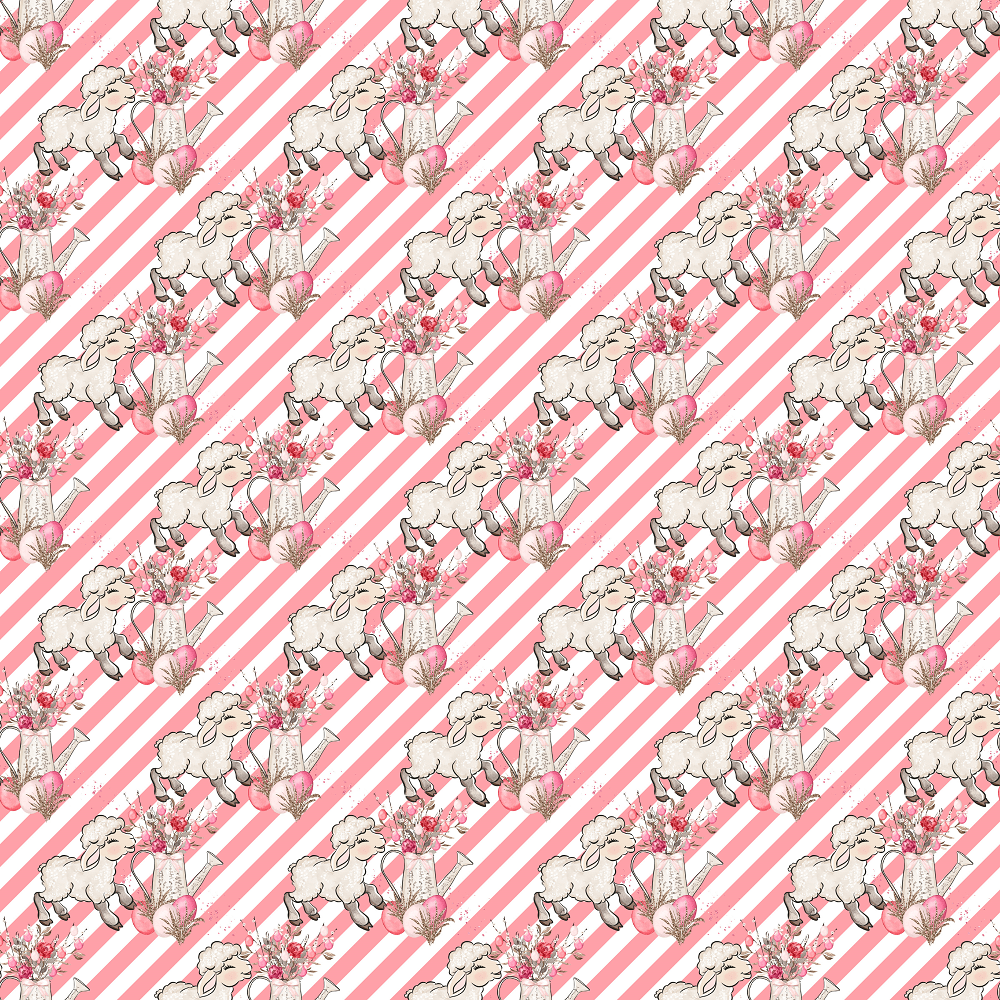 Allover Easter Flowers & Lamb on Stripes Fabric - Pink