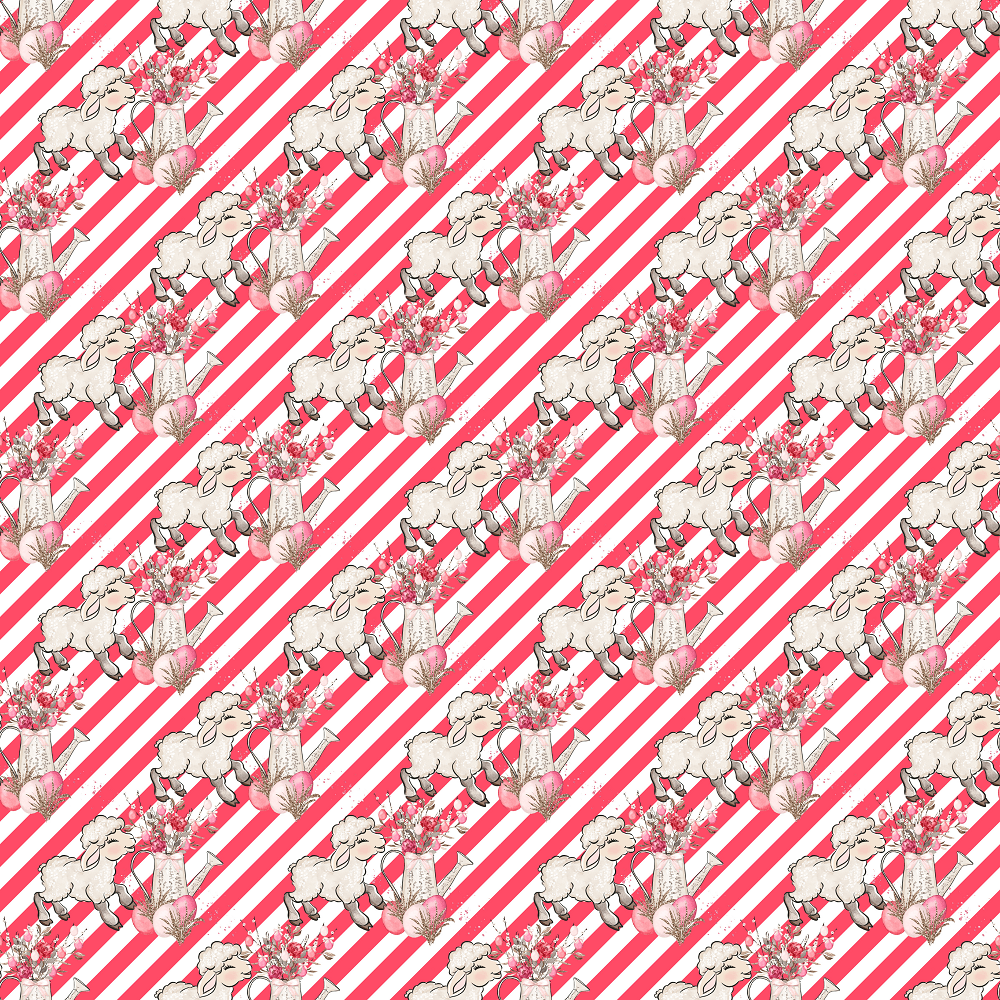 Allover Easter Flowers & Lamb on Stripes Fabric - Red