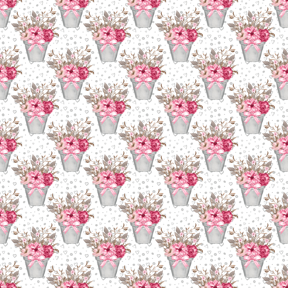 Allover Floral Easter Buckets on Hearts Fabric - Gray