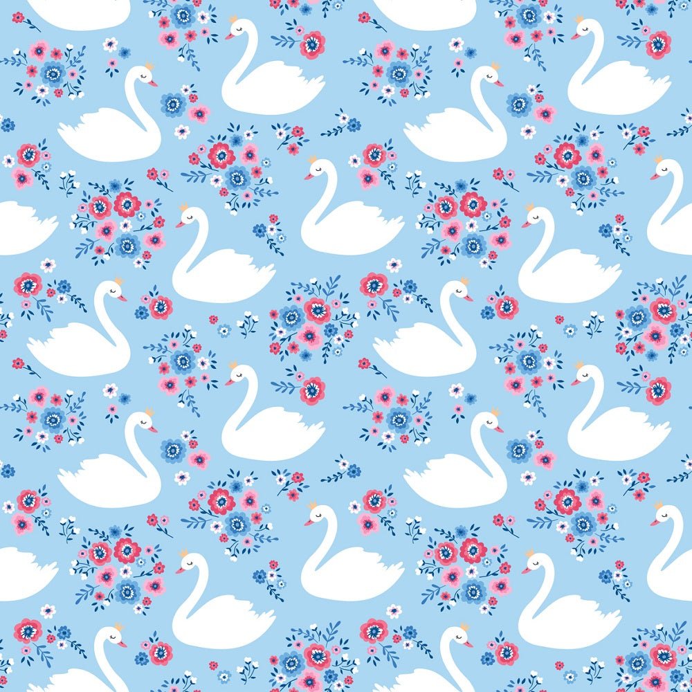 Allover Swan and Flowers Fabric - Blue