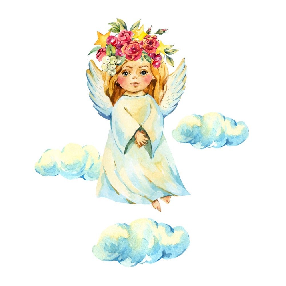 Angel With Flower Crown In The Clouds Fabric Panel