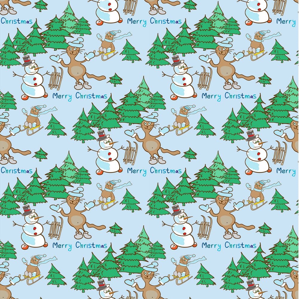 Angry Snowman with Cat Sledding Fabric - Blue