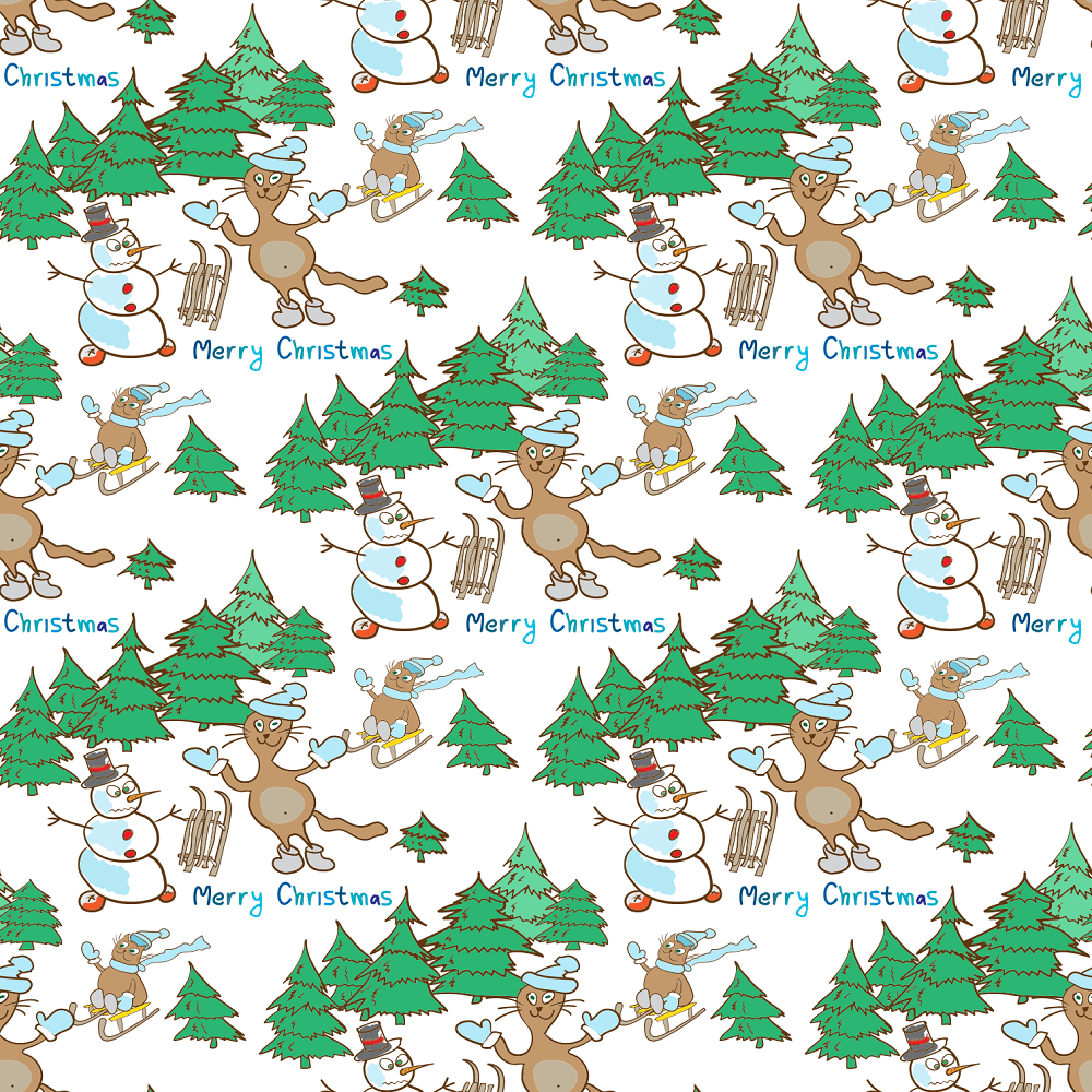 Angry Snowman with Cat Sledding Fabric - White