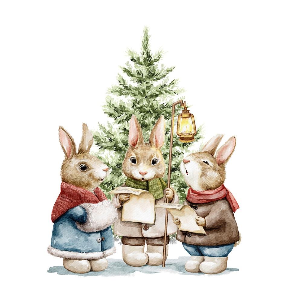 Three Caroling Bunnies With Tree Fabric Panel