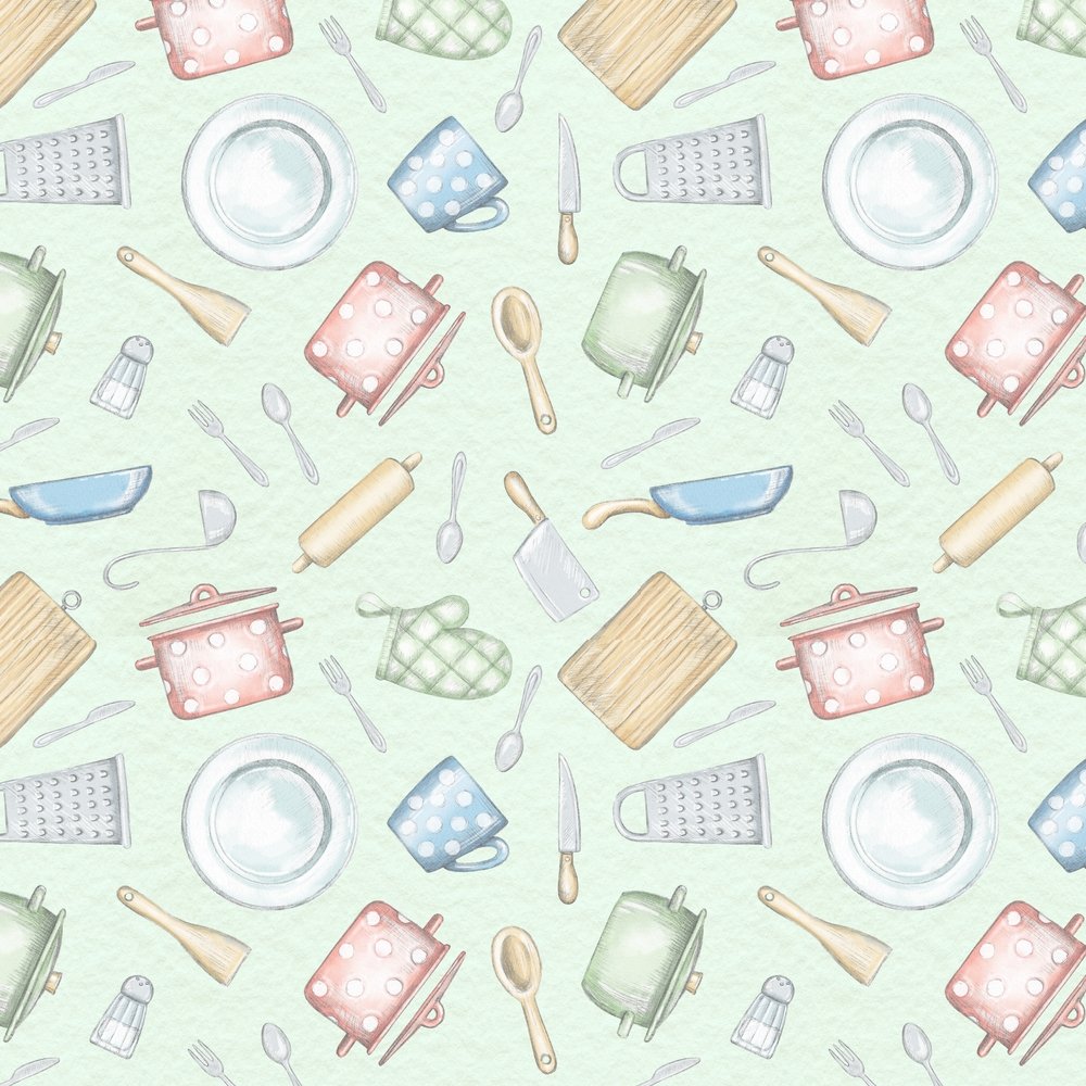 Tossed Cooking Utensils In The Kitchen Fabric - Green