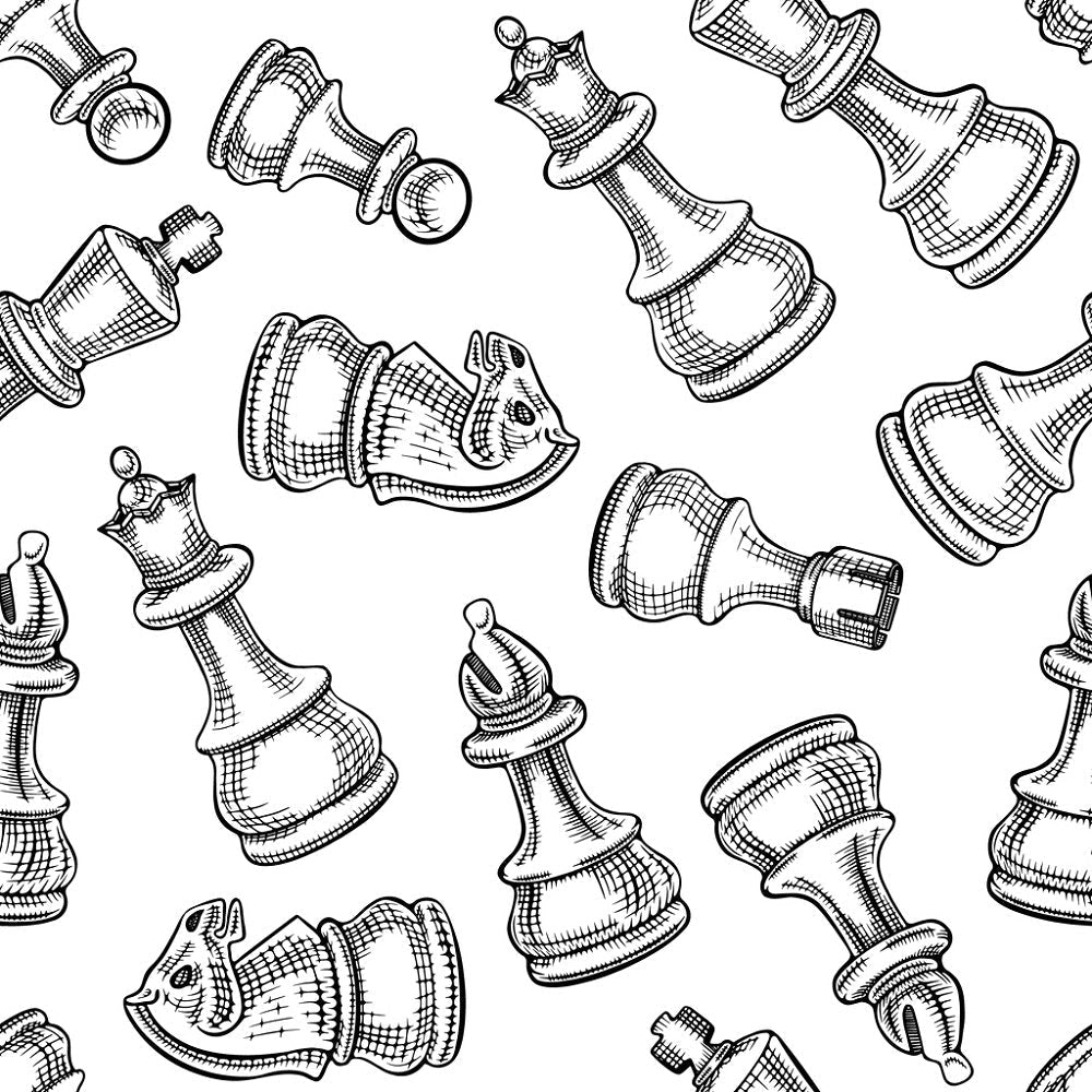 Tossed Sketched Chess Pieces Fabric