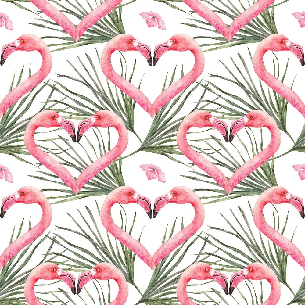Tropical Love Flamingos and Leaves Fabric - White