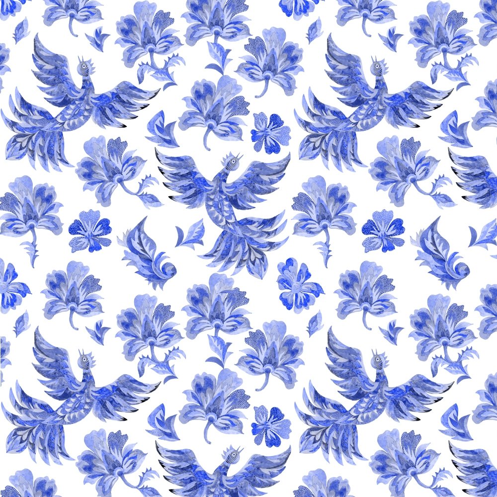 Ukrainian Fantasy Birds & Flowers Fabric - Blue/White