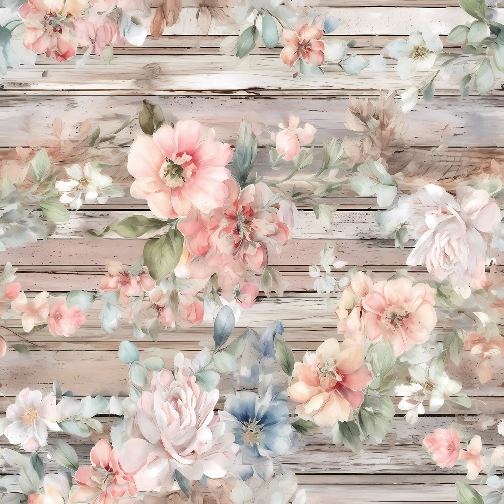 Vintage Florals on Wood Planks #14 Fabric