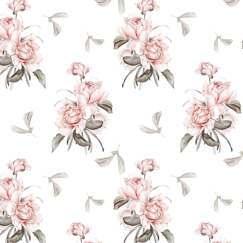 Vintage Peony Bouquets Fabric - White