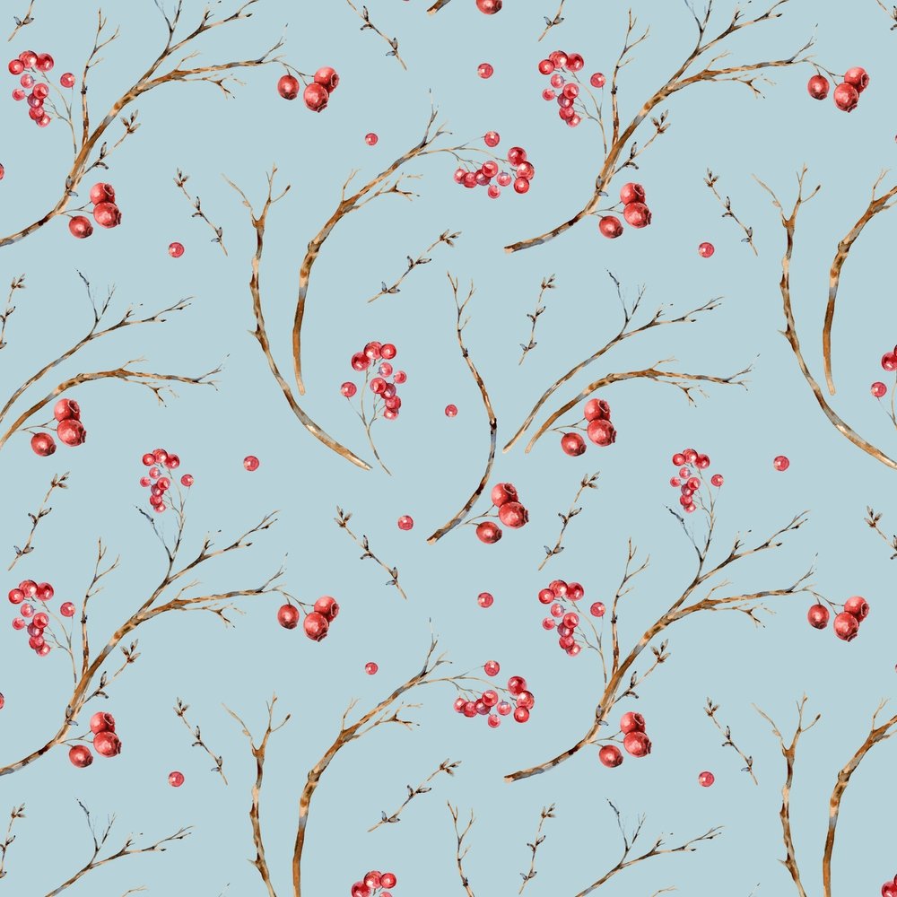 Vintage Tree Branches & Berries Fabric - Blue