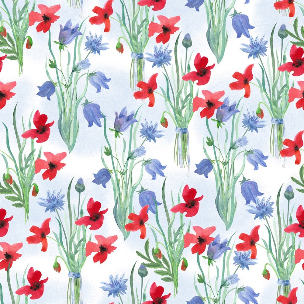 Watercolor Bellflowers, Cornflowers and Poppies Floral Fabric