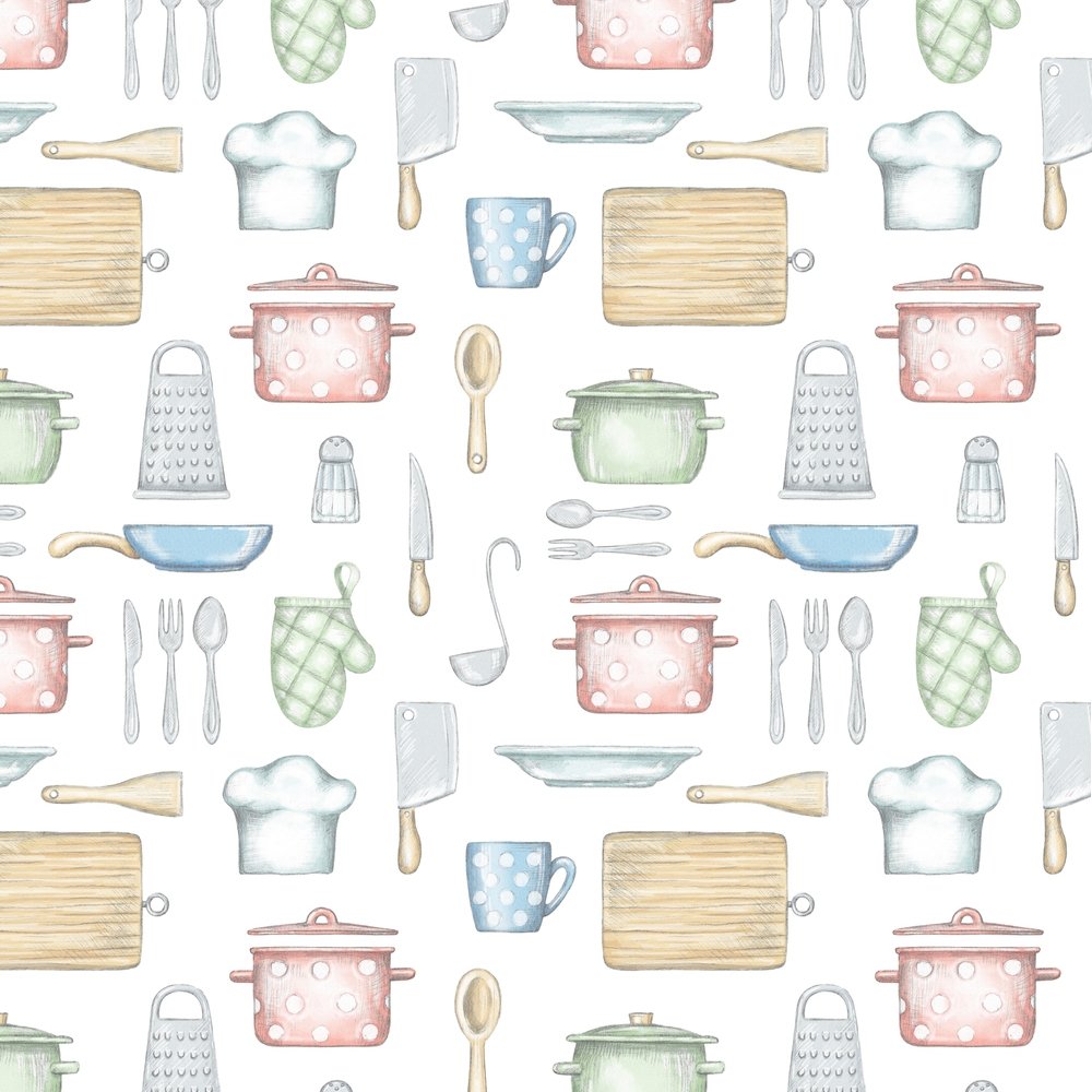 All Over Cooking Utensils In The Kitchen Fabric - White