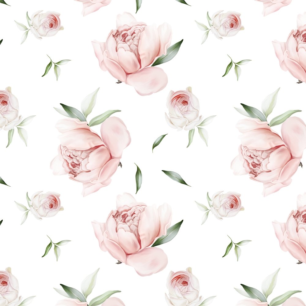 Tossed Peonies Fabric - White