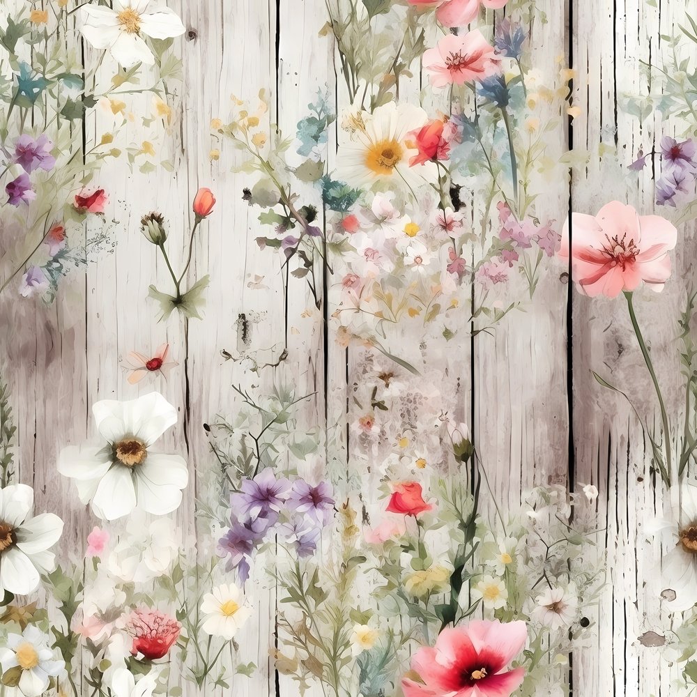 Vintage Florals on Wood Planks #11 Fabric