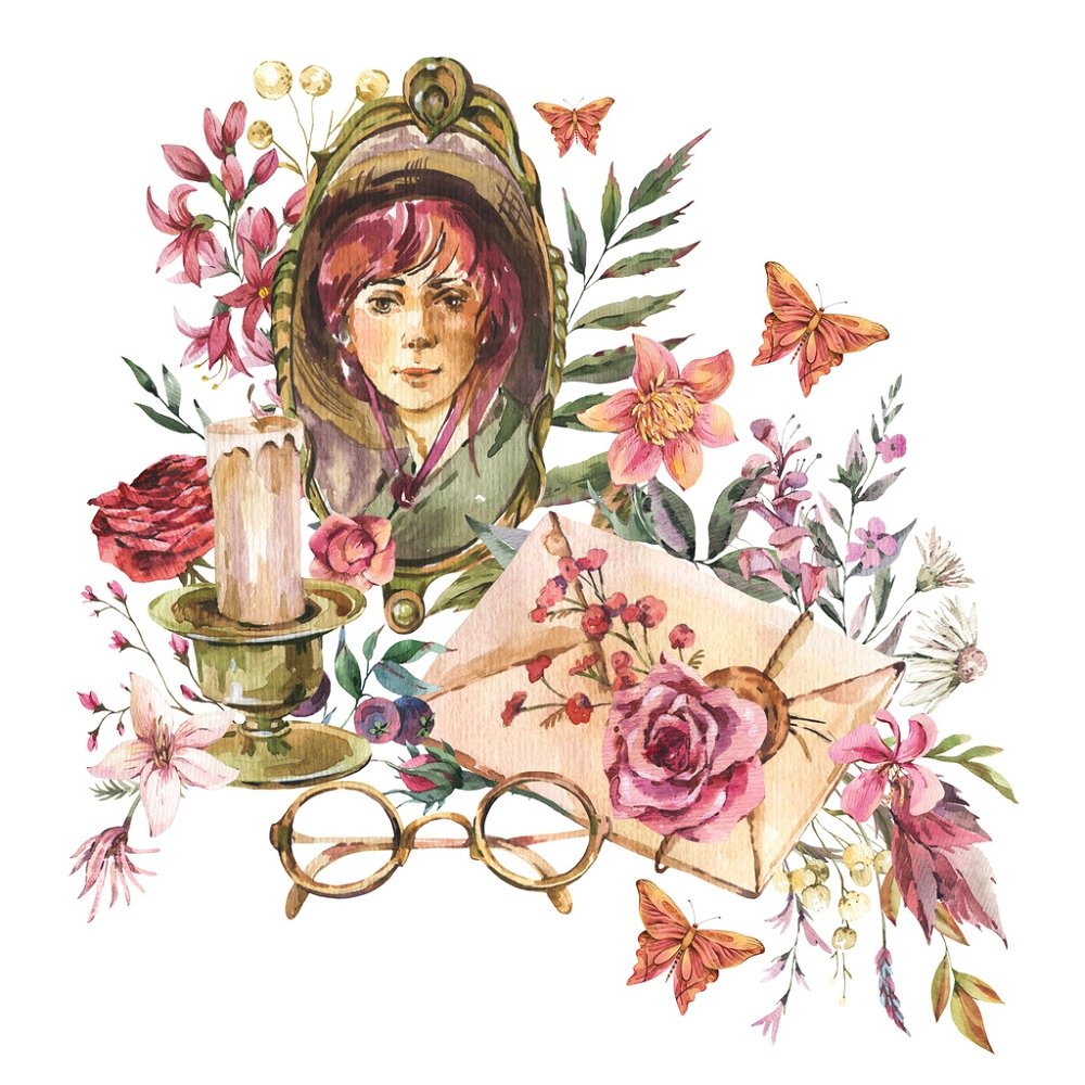 Vintage Woman Portrait & Wildflowers Fabric Panel