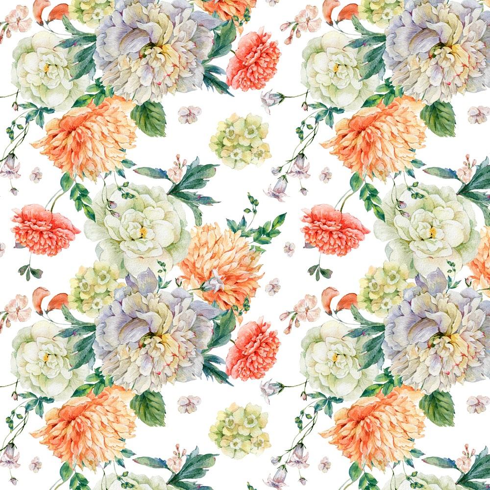 Watercolor Blooming Peonies & Wildflowers Fabric - White