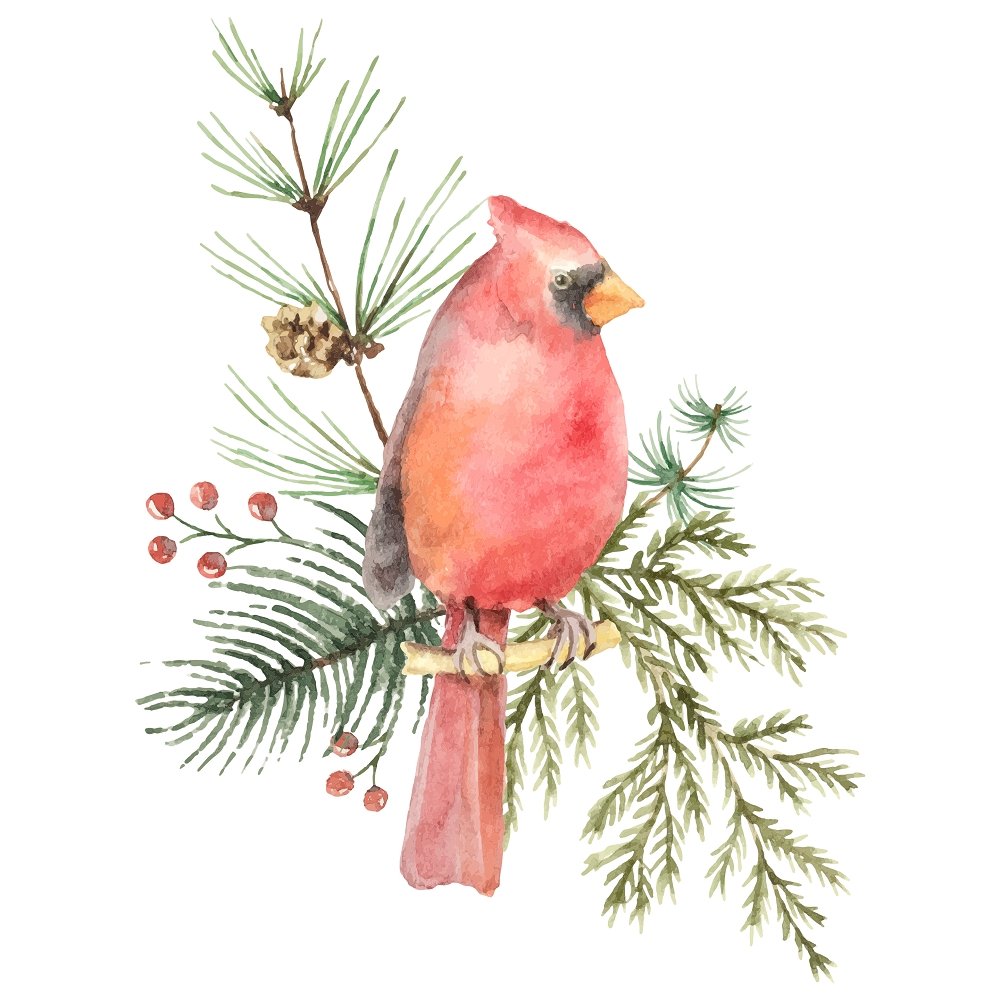 Watercolor Cardinal on Fir Branches Fabric Panel