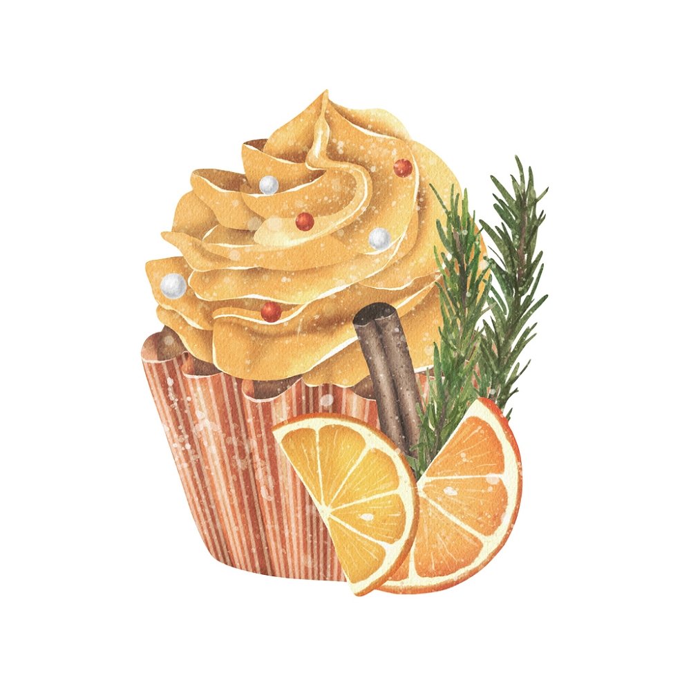 Watercolor Christmas Cupcake Fabric Panel - Orange