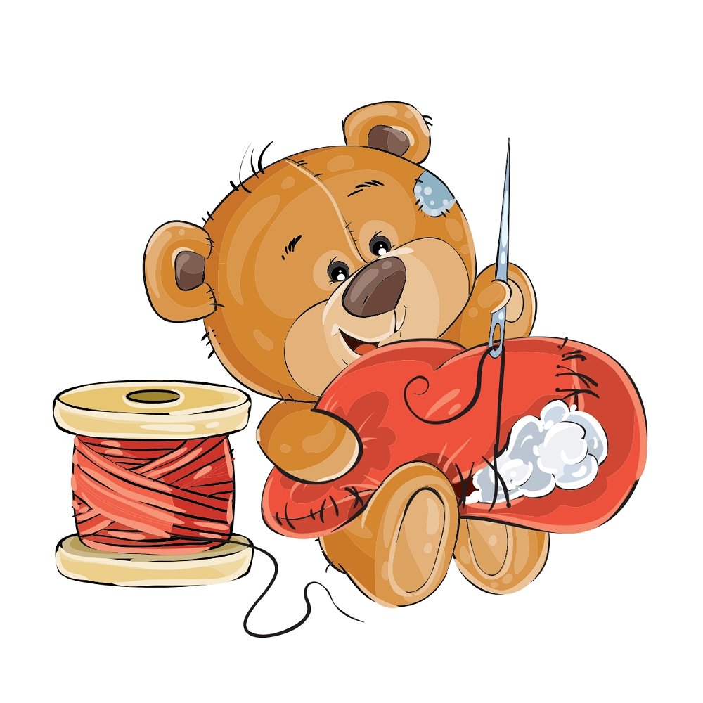 Teddy Bear Tailor Sewing A Pillow Fabric Panel