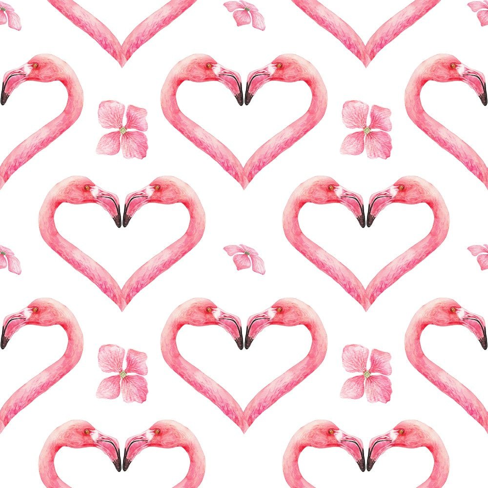 Tropical Love Heart Flamingos Flower Petal Fabric - White