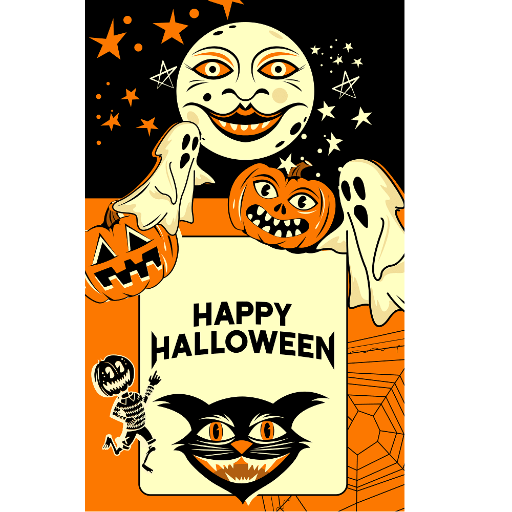 Vintage Happy Halloween Fabric Panel - Orange