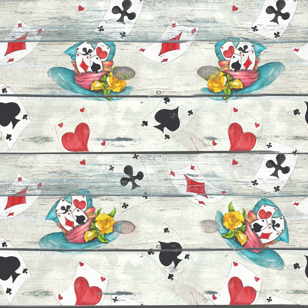 Alice in Wonderland Cards and Hats on Wood Fabric - Gray