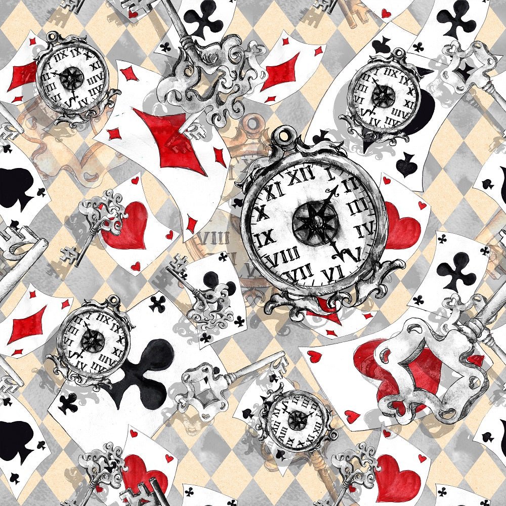 Alice in Wonderland Cards and Watch Fabric - Tan
