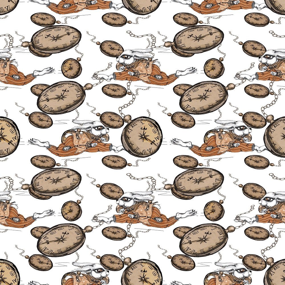 Alice in Wonderland Clocks Fabric - White