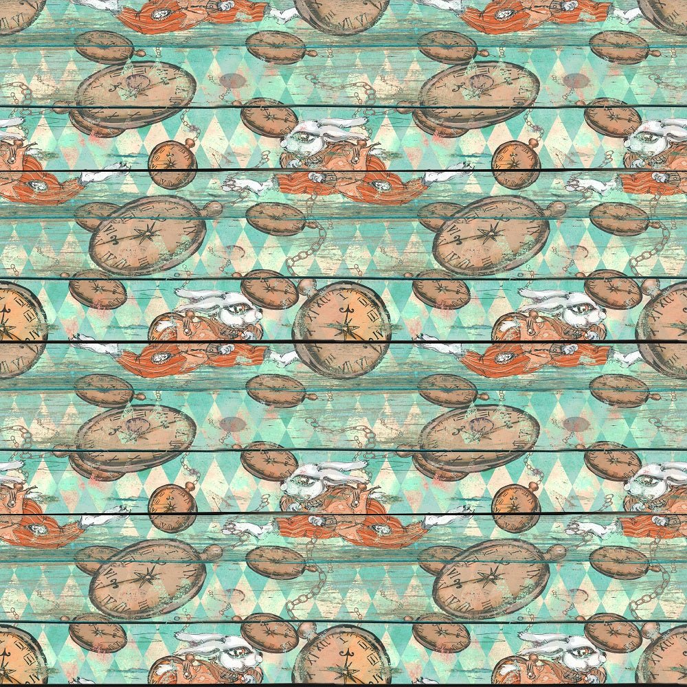 Alice in Wonderland Clocks on Wood Fabric - Blue
