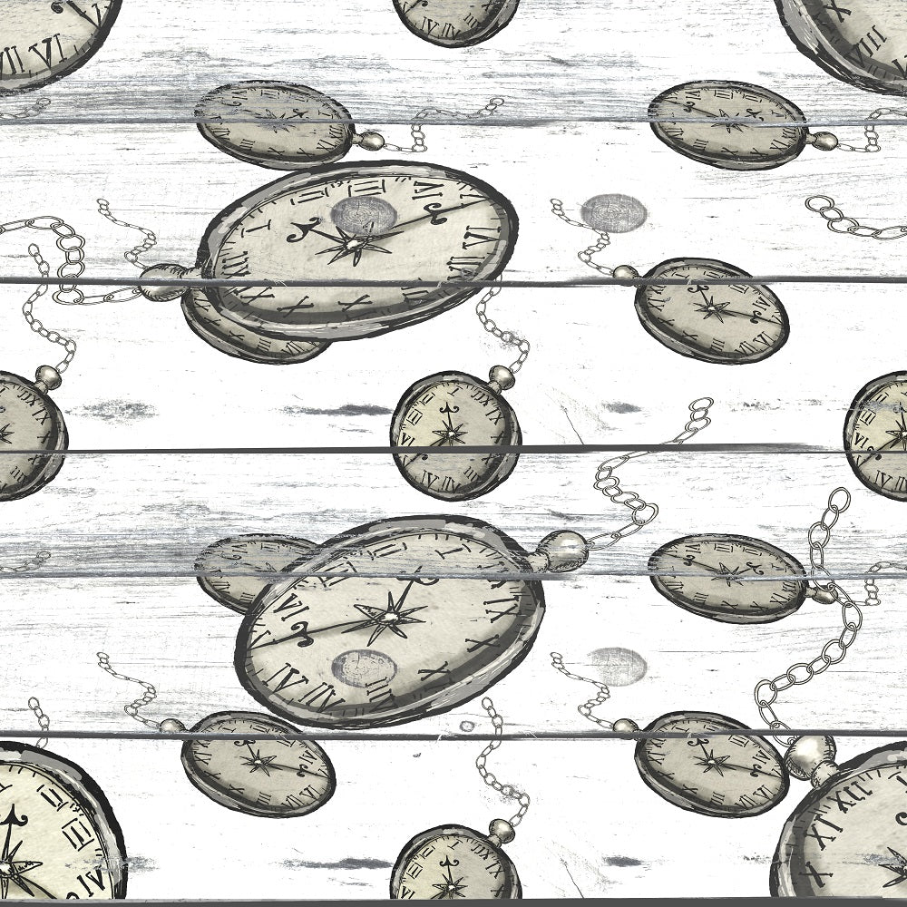 Alice in Wonderland Clocks on Wood Fabric - White