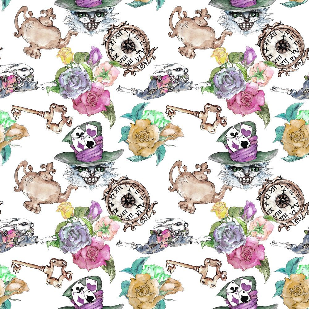Alice in Wonderland Elements Allover Fabric - White