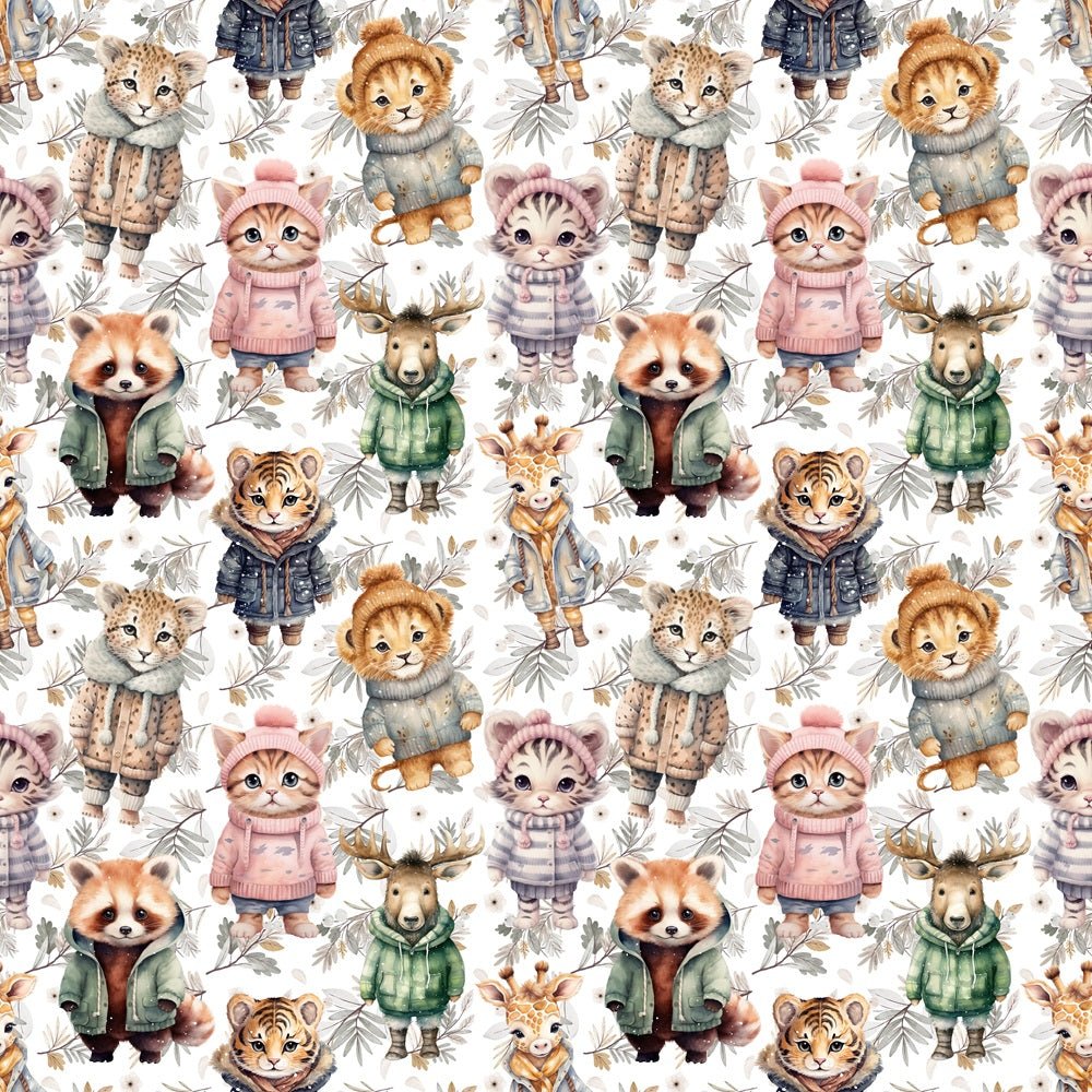 Adolescent Animals in Winter Gear Fabric