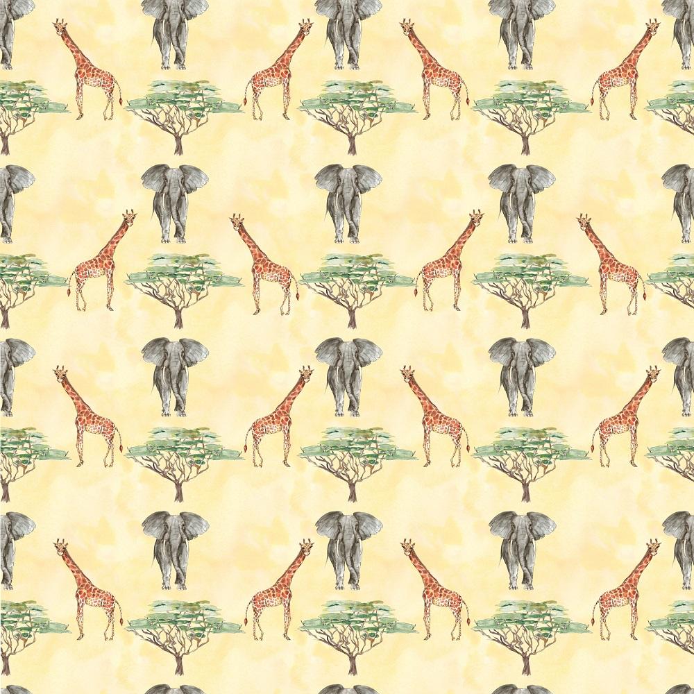 African Giraffes & Elephants Fabric - Tan