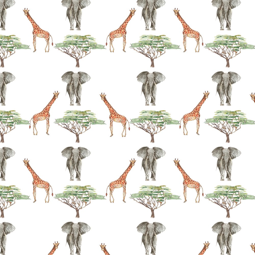 African Giraffes & Elephants Fabric - White