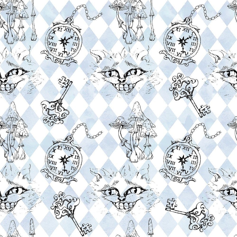 Alice in Wonderland Allover Checkered Fabric - Blue