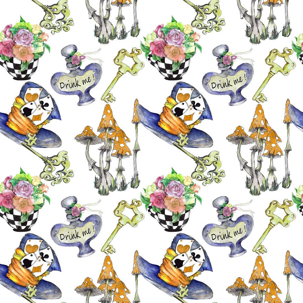 Alice in Wonderland Allover Elements Fabric - White