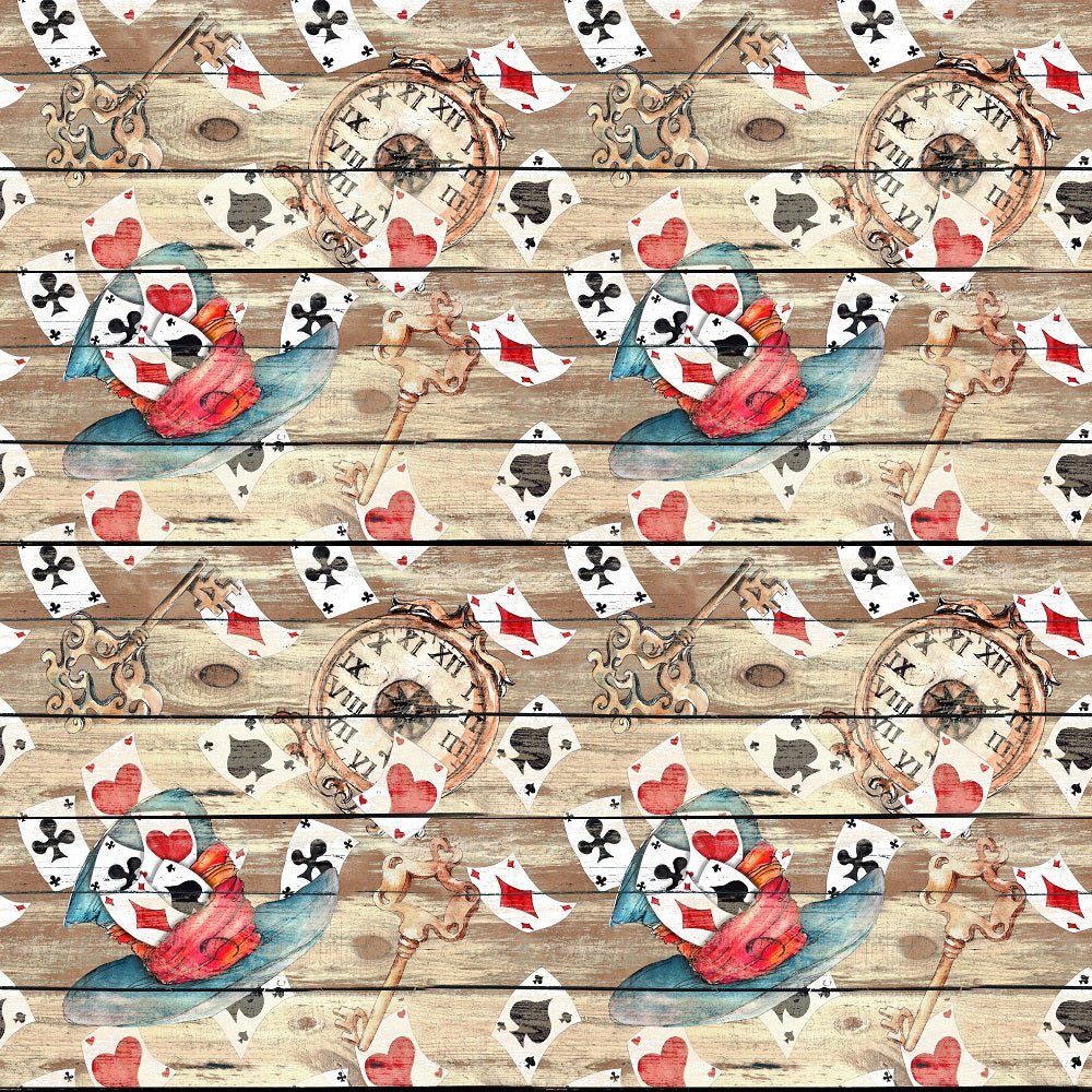 Alice in Wonderland Cards and Hats on Wood Fabric