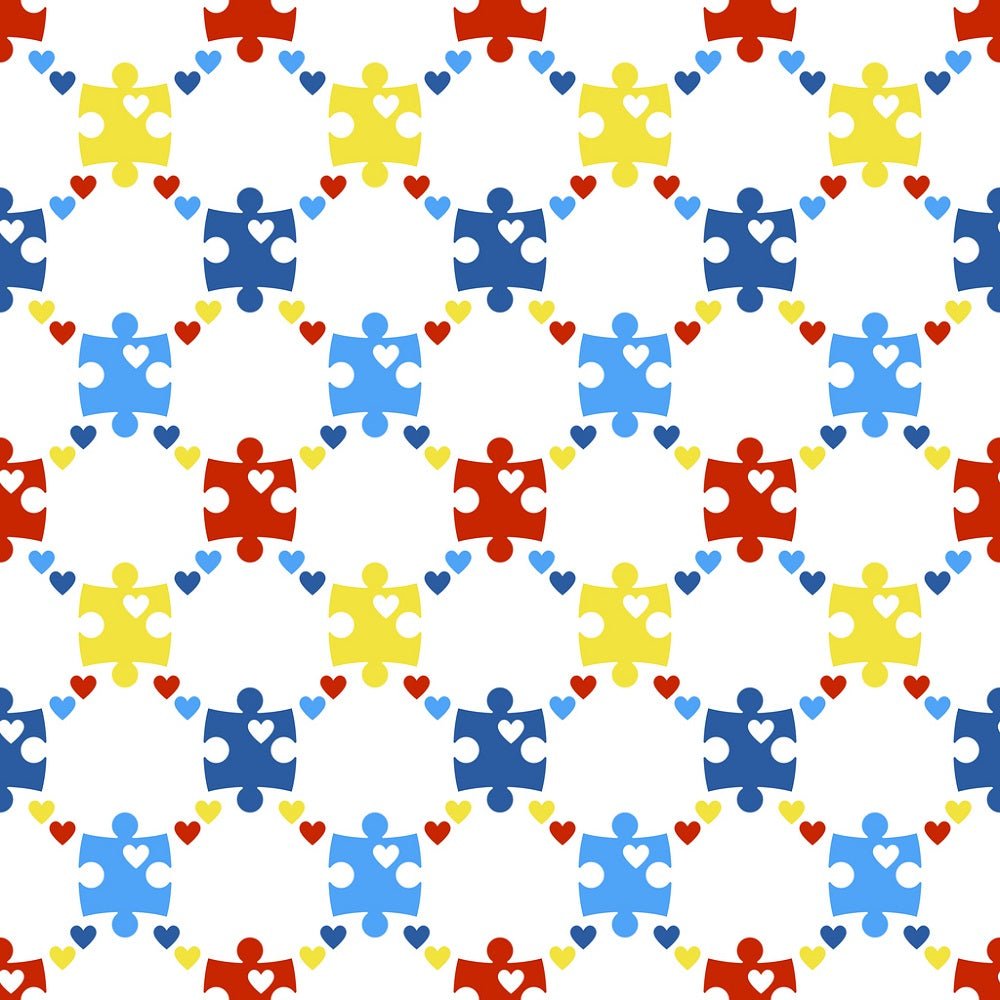 Autism Awareness Geometric Hearts & Puzzle Pieces Fabric