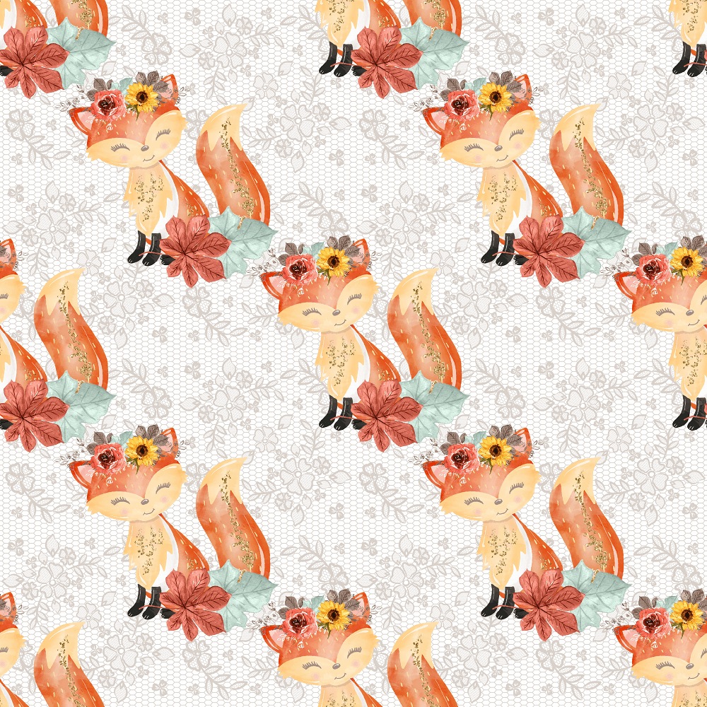 Autumn Foxes & Florals Lace Fabric - White