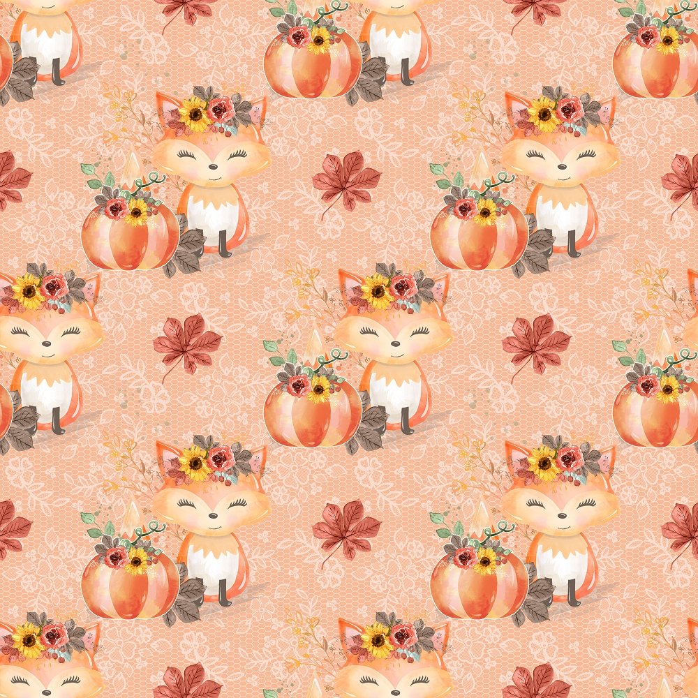 Autumn Foxes & Pumpkins Lace Fabric - Orange