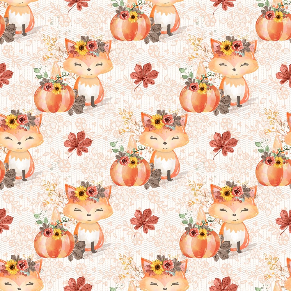 Autumn Foxes & Pumpkins Lace Fabric - White