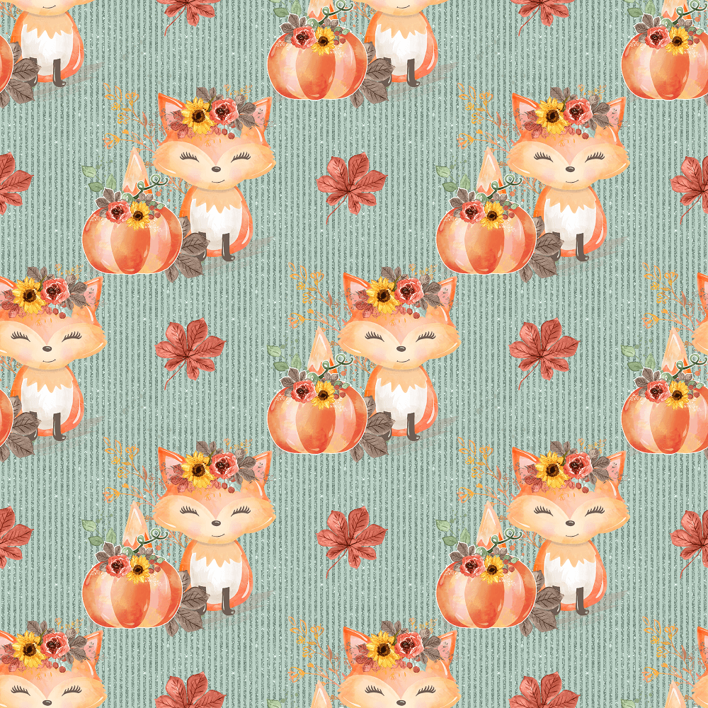 Autumn Foxes & Pumpkins Striped Fabric - Blue