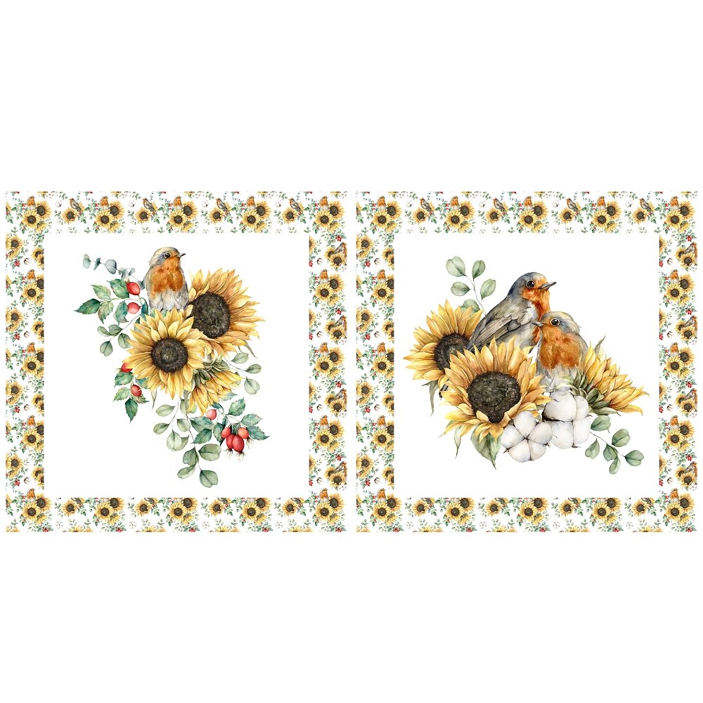 Autumn Sunflowers & Robins Pillow Panel